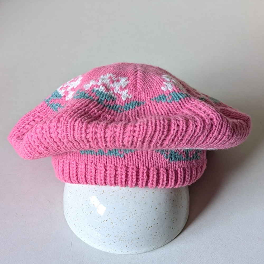 80s Vintage Knit Beret Fair Isle Winter Hat Pink White Flower Beanie Cap Tam